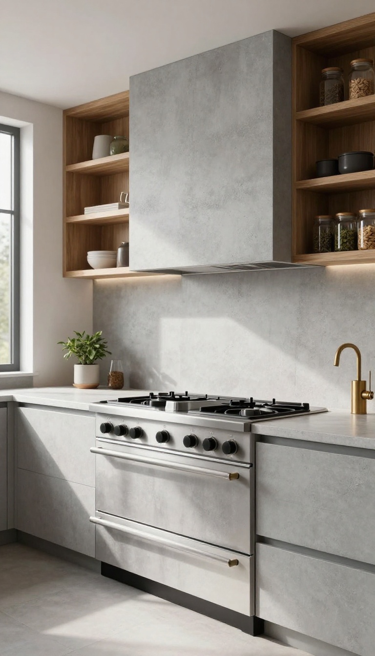 Modern kitchen with a seamless concrete backsplash panel behind a stove, flanked by wood shelves with plants and jars, in bright natural light.