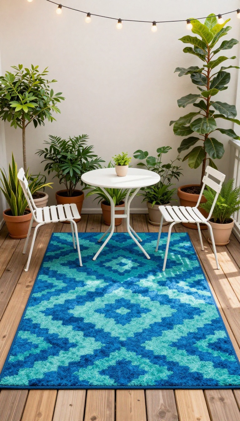 Small apartment patio with a colorful outdoor rug defining the seating area, surrounded by potted plants and string lights.