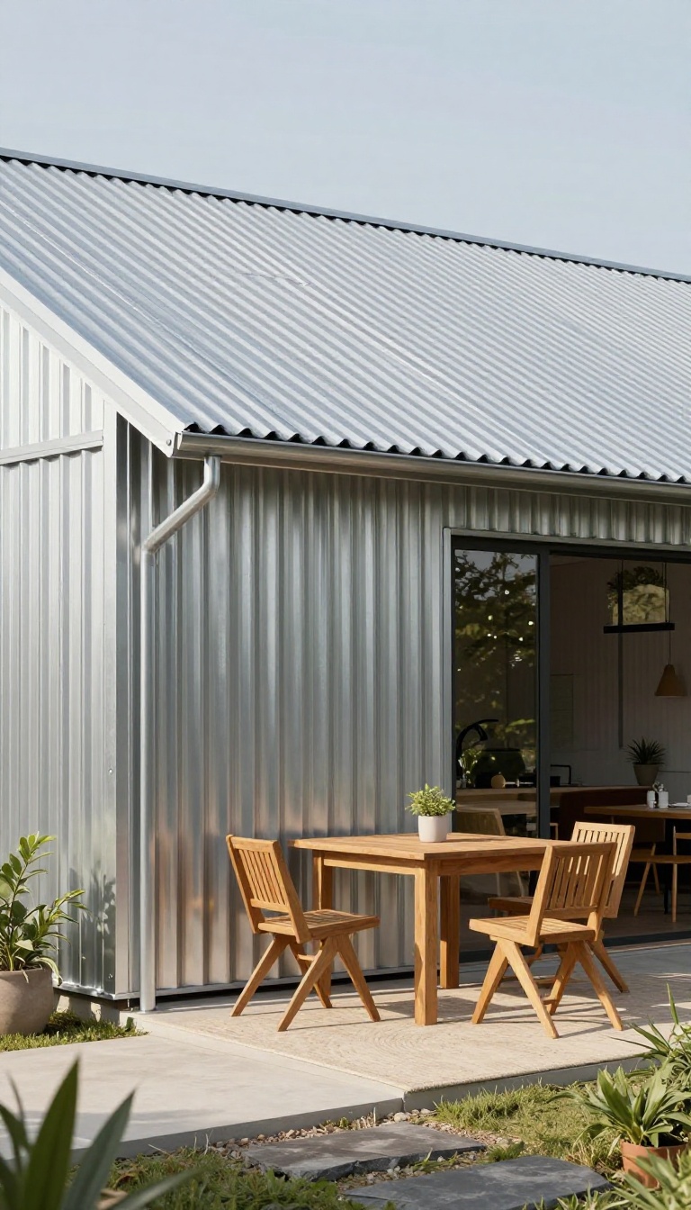 Patio with corrugated metal roof attached to house, modern farmhouse style, outdoor seating area