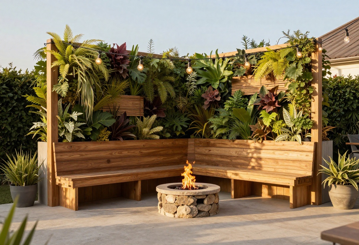 Cozy corner patio with bench, vertical garden, and fire pit