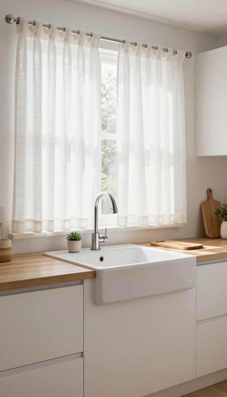 Bright kitchen with café curtains above the sink, half-covered for privacy and natural light