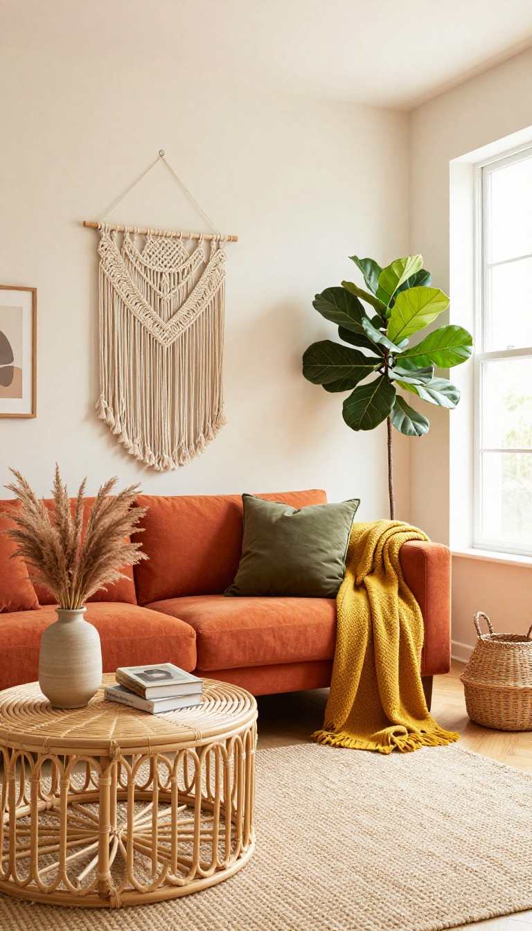 Bohemian living room with an orange couch, terracotta and olive pillows, a mustard knit blanket, a jute rug, a rattan coffee table, and a fiddle-leaf fig plant in a woven basket, all in warm natural light.