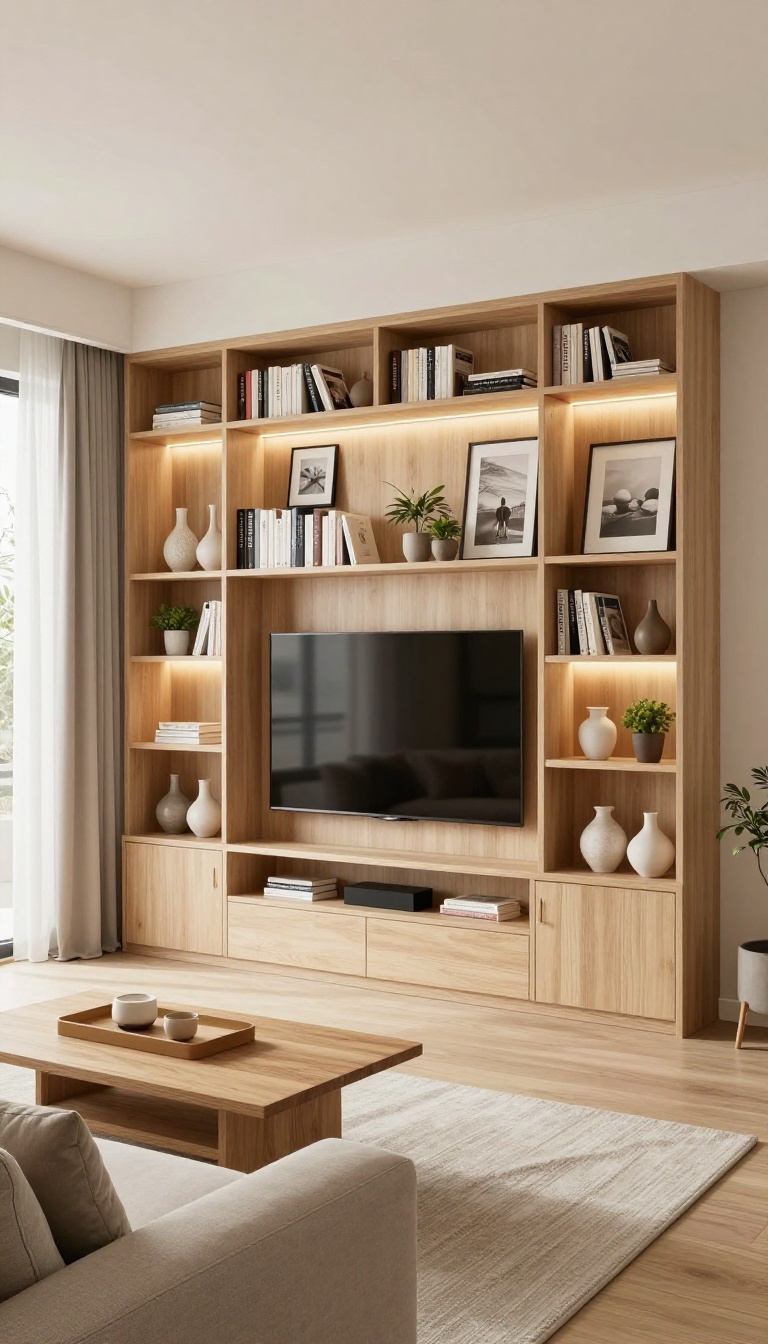 Built-in bookshelf entertainment center with TV and styled shelves in a bright living room