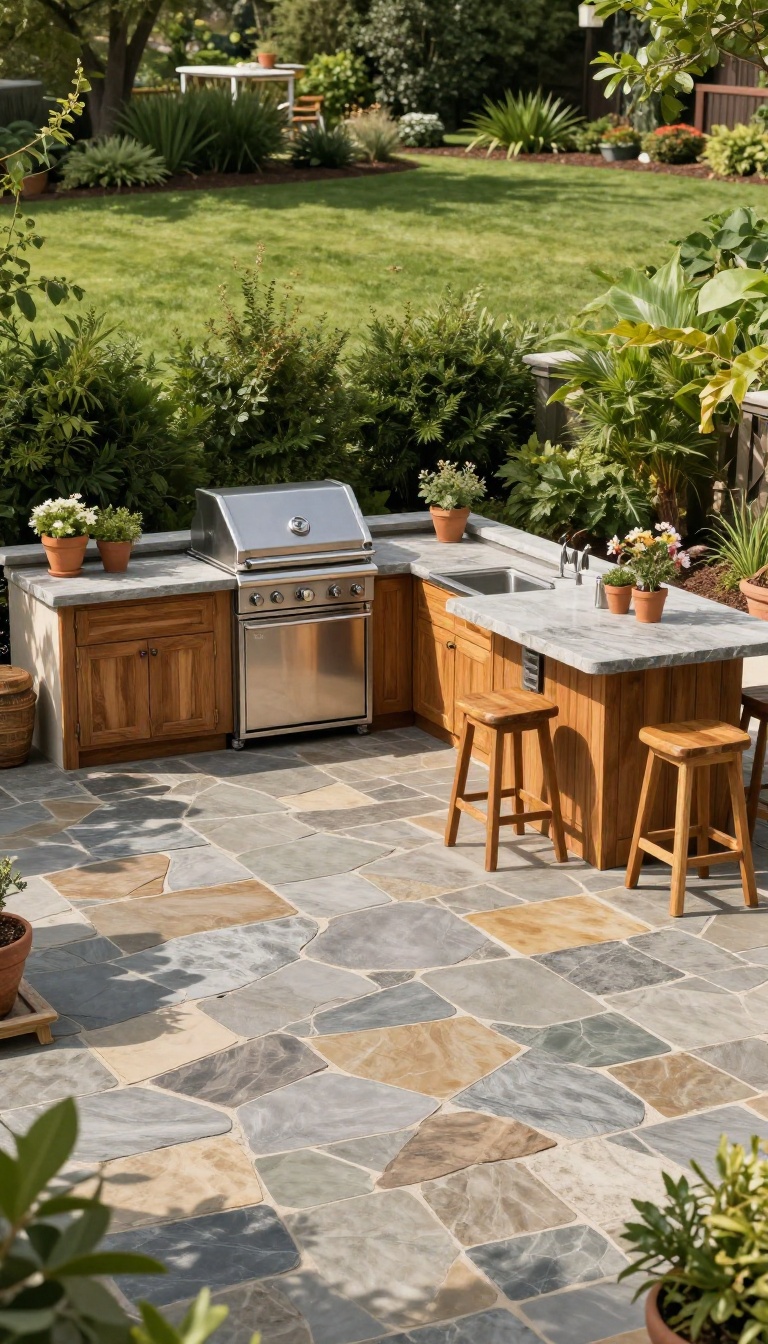 Flagstone patio with an outdoor kitchen featuring stainless steel appliances and wooden cabinetry, surrounded by greenery.