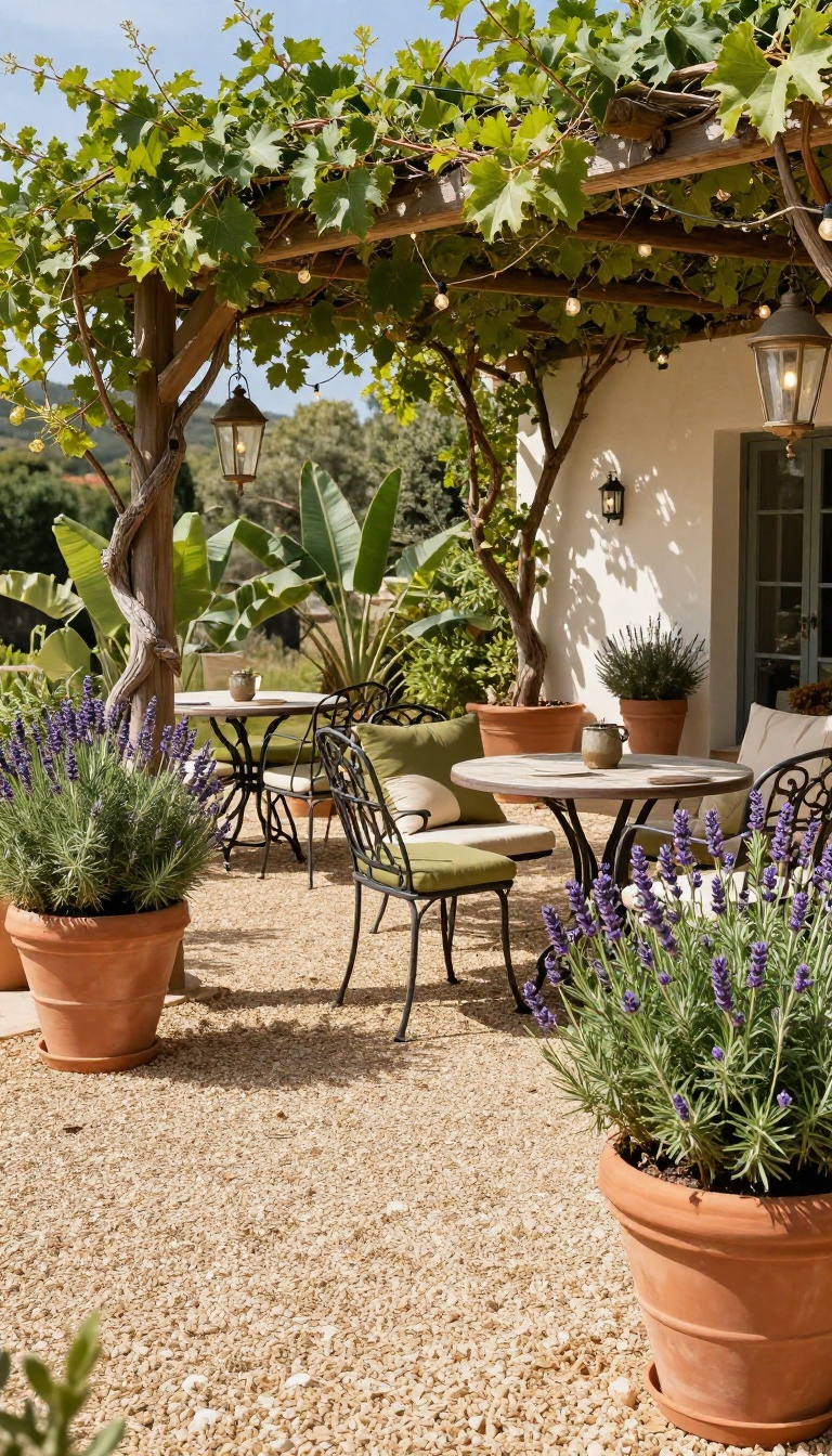 Mediterranean-style gravel patio with terracotta pots, wrought iron furniture, and a vine-covered pergola in warm sunlight.
