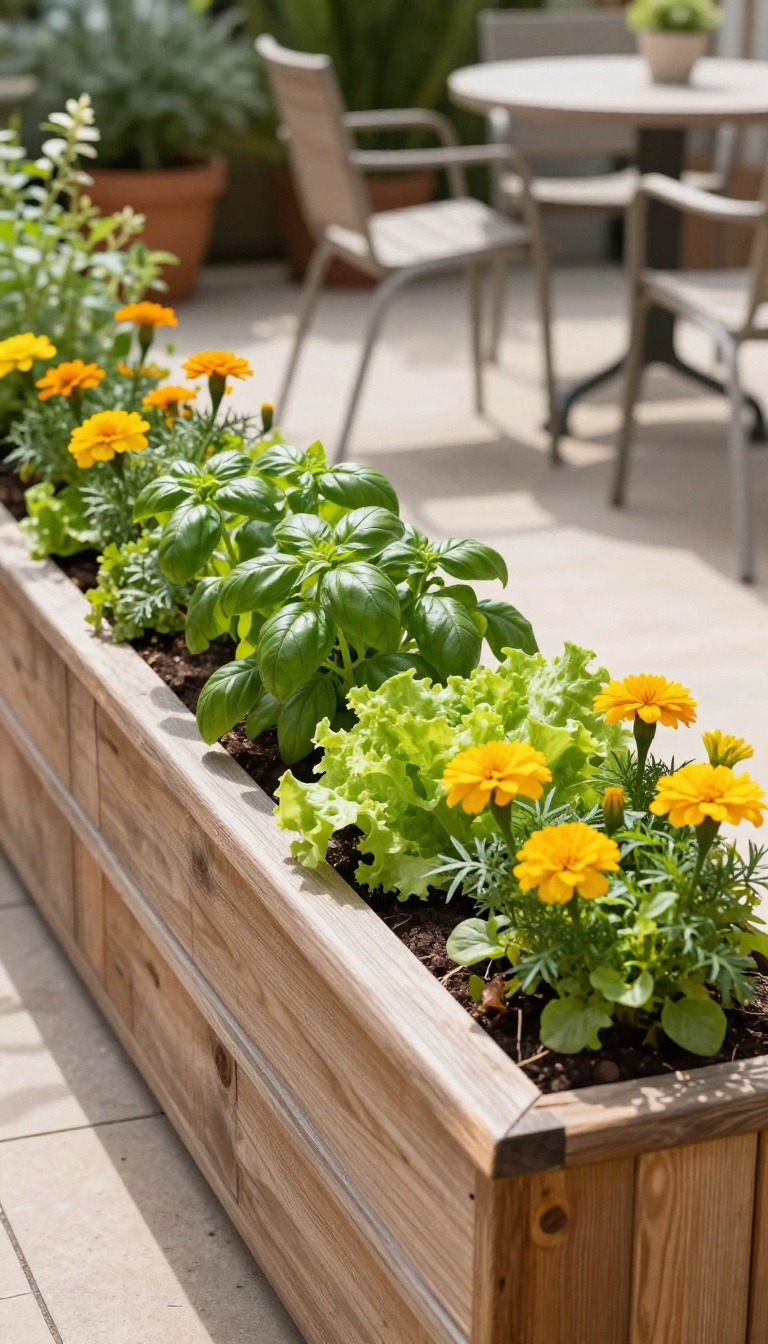 Small patio garden with a narrow raised planter box filled with herbs and flowers, set against a sunny patio.