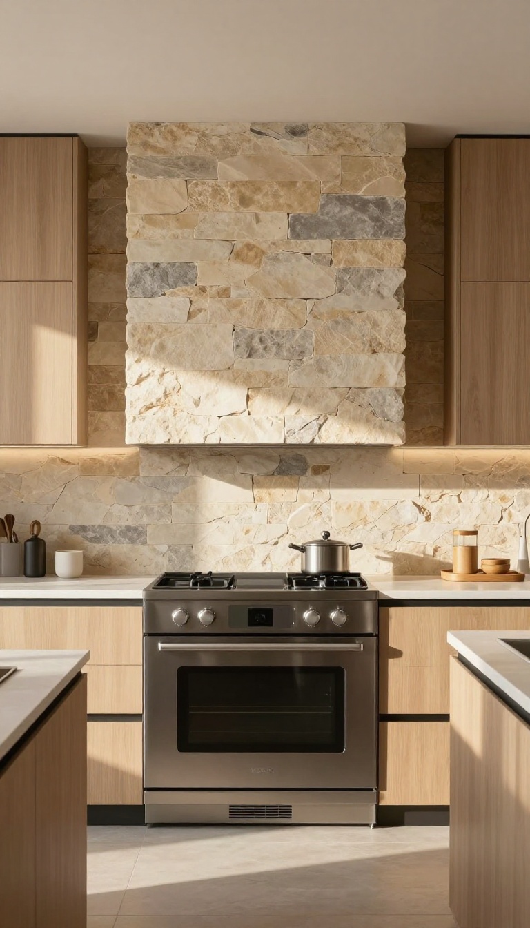 Modern kitchen with textured stone veneer backsplash in cream and gray tones, paired with stainless steel appliances and matte black fixtures.