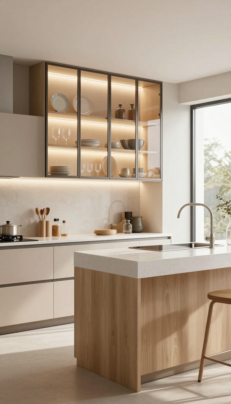 Modern kitchen island with glass-front panels displaying collectibles, illuminated by warm LED lighting