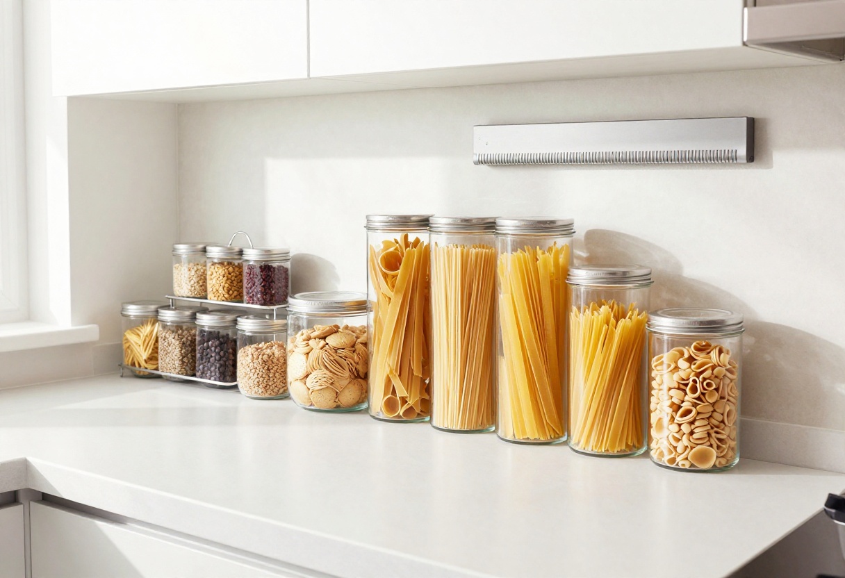 Organized kitchen counter with clear canisters, spice rack, and knife strip