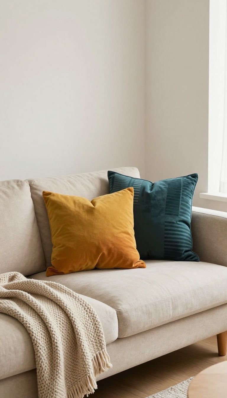 Cozy college living room with colorful throw pillows and blankets on a neutral sofa