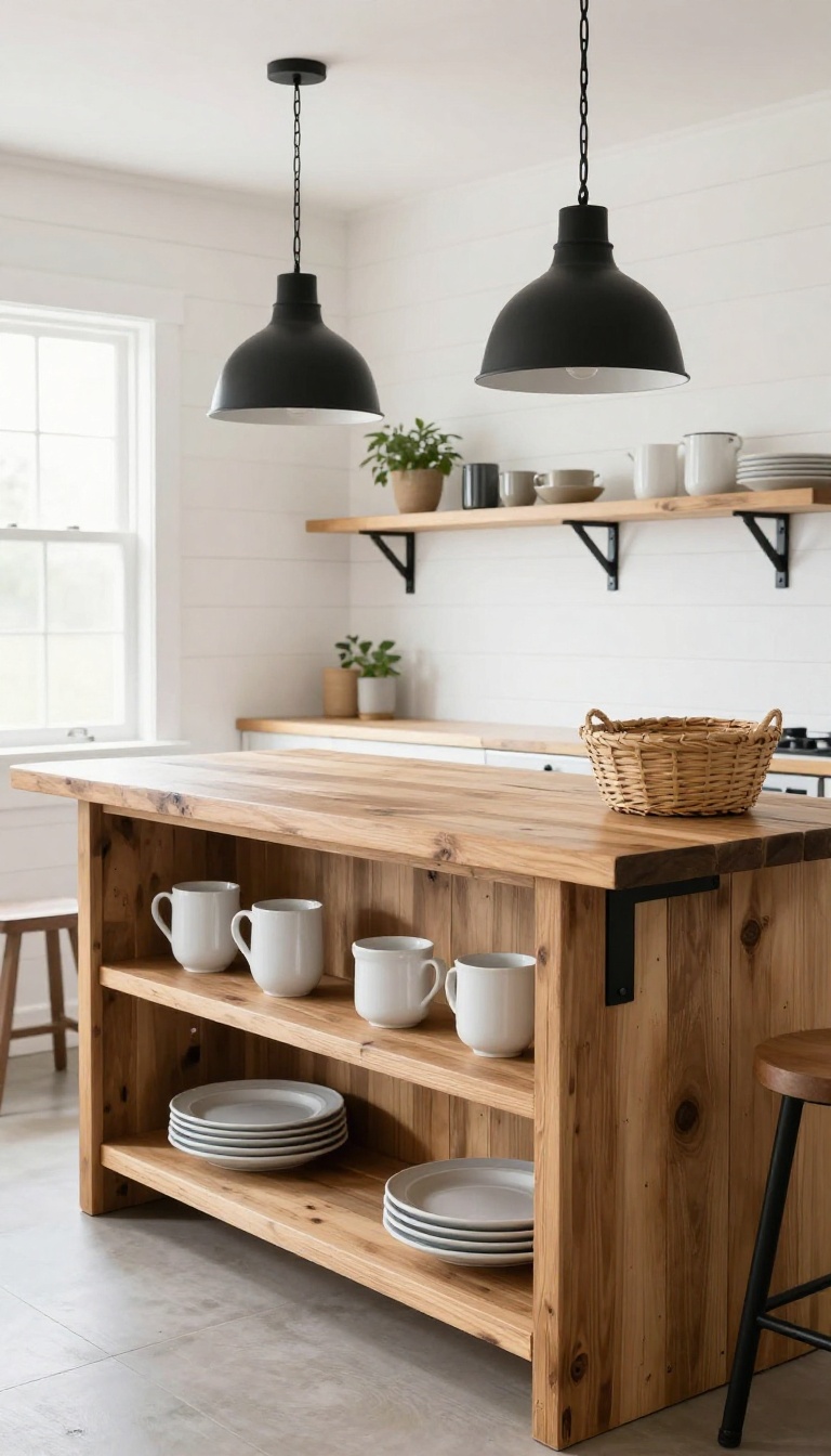 Rustic farmhouse kitchen breakfast bar with reclaimed wood countertop and open shelving, styled with mugs, plates, and a plant.
