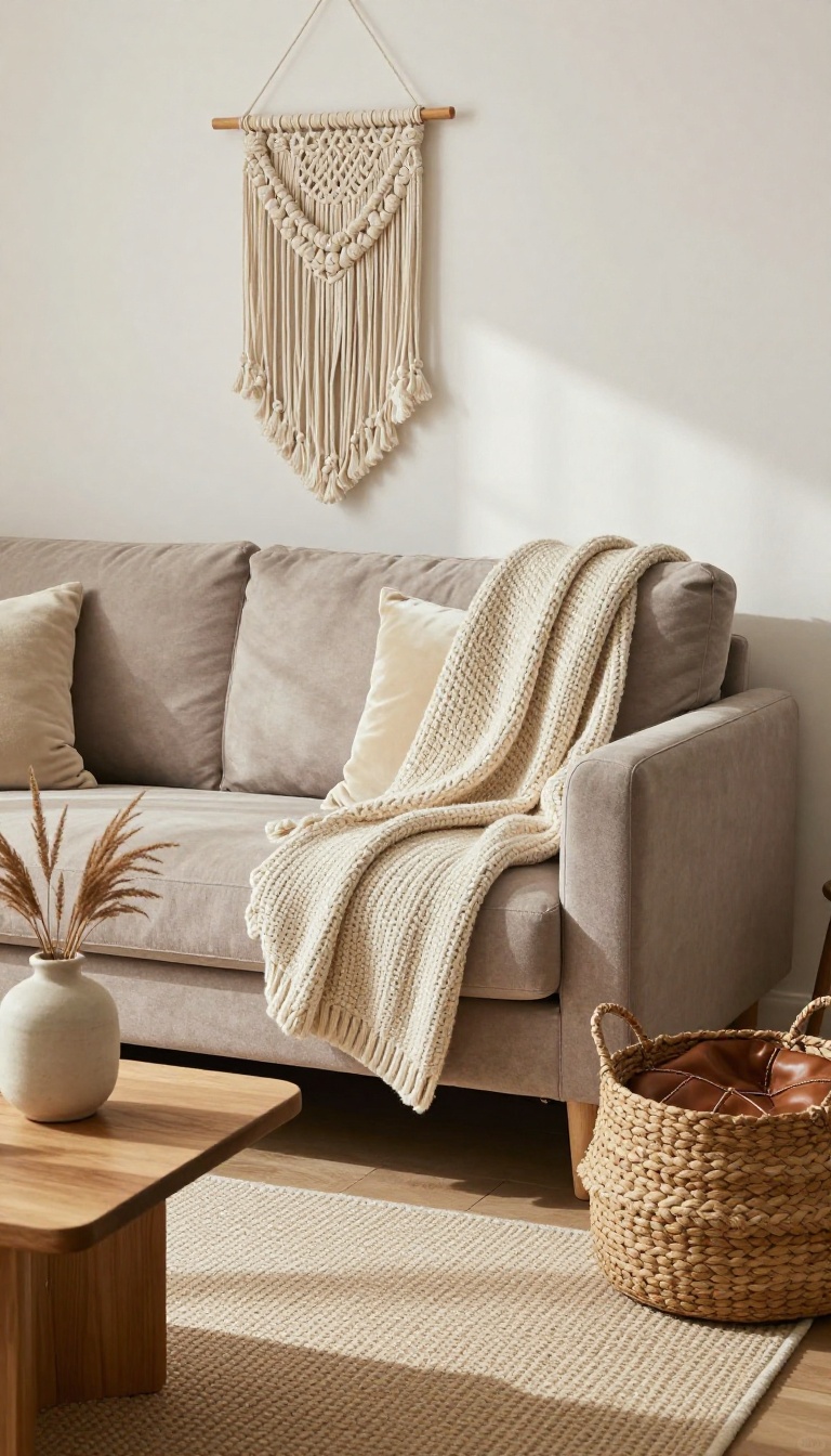 Taupe sofa layered with textured throws and cushions in a cozy neutral living room