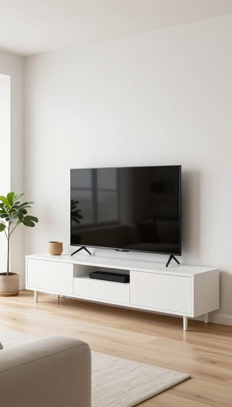 Modern living room with a minimalist low-profile media stand under a wall-mounted TV, bright natural light, Scandinavian decor.