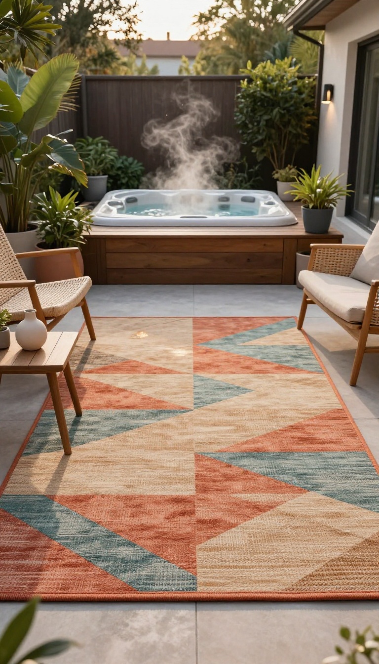 Cozy hot tub patio with a repurposed outdoor rug defining the seating area