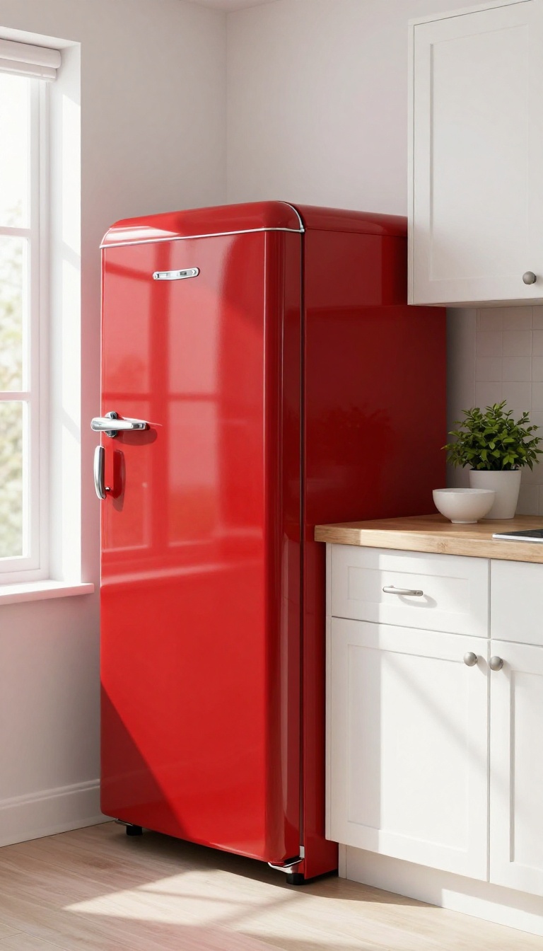 Red retro refrigerator in a bright white kitchen with butcher-block countertop