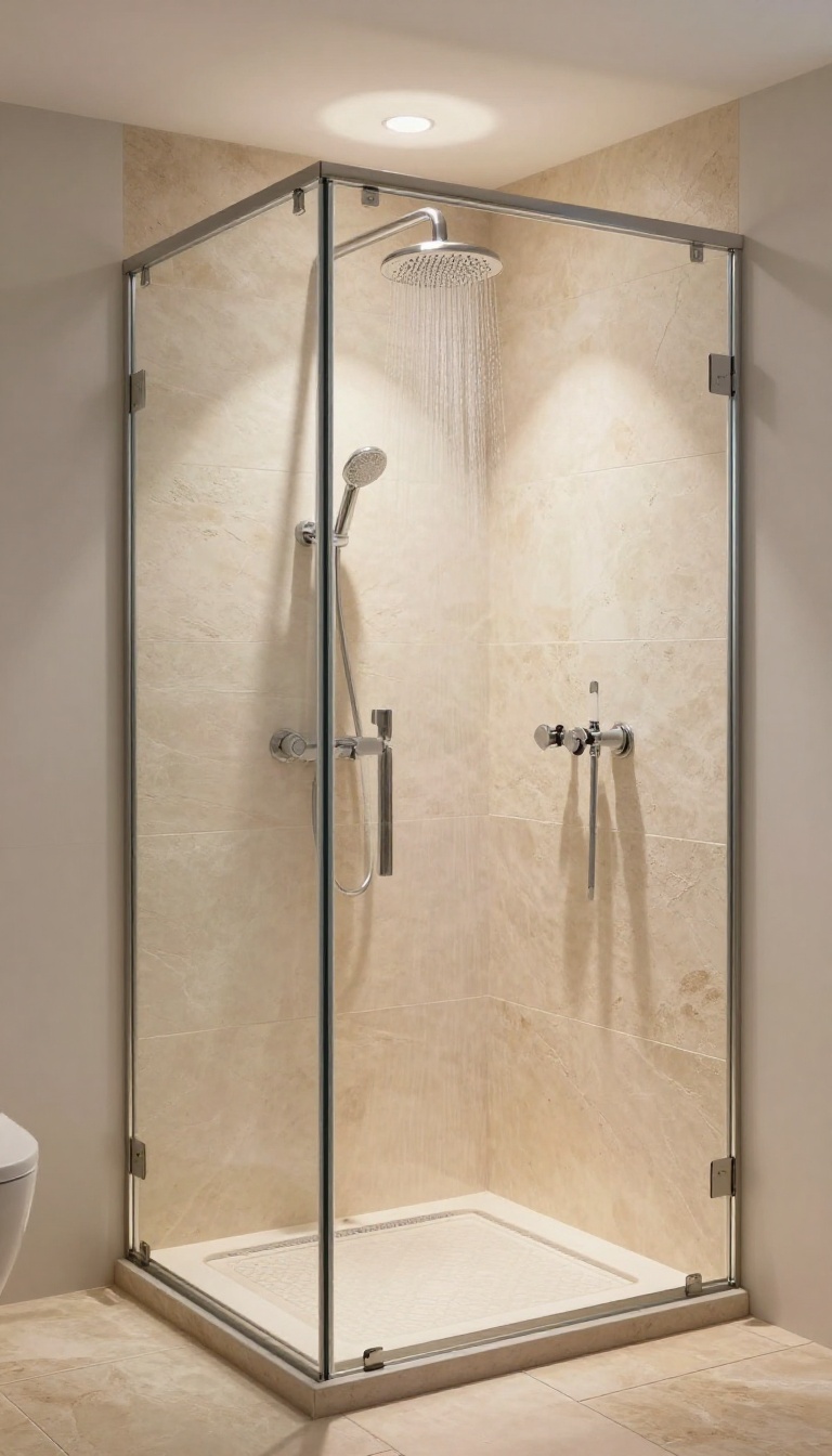 A modern walk-in shower with a heated stone floor, glowing warmly underfoot, with steam rising and natural light.