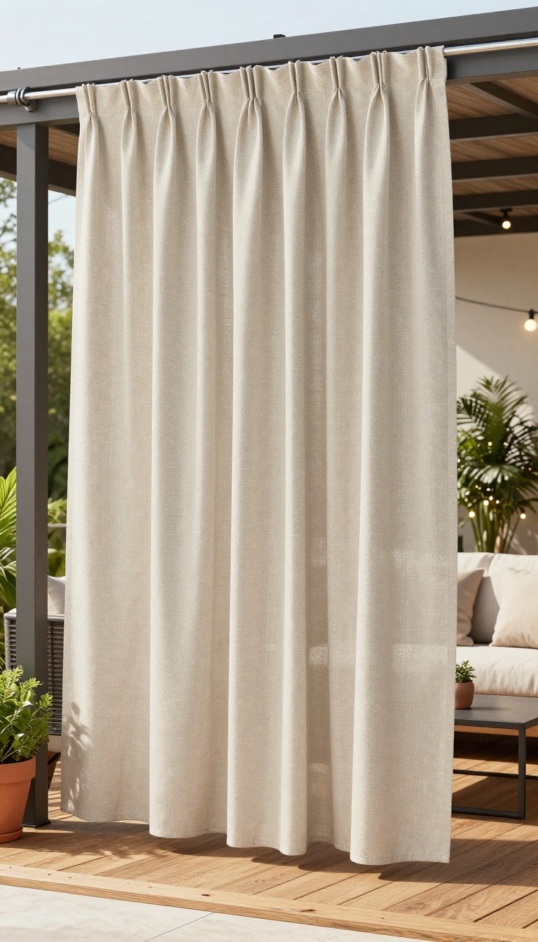 Weatherproof outdoor patio curtains in beige fabric blowing in the breeze on a wooden deck with outdoor furniture and plants.