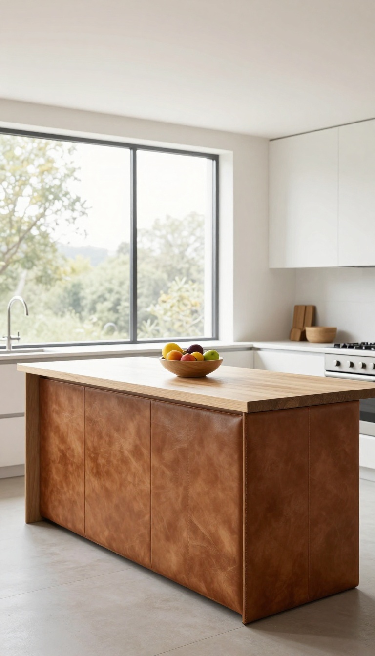 A kitchen island with cognac leather upholstered panels, warm and inviting, with natural light and fruit on the counter.