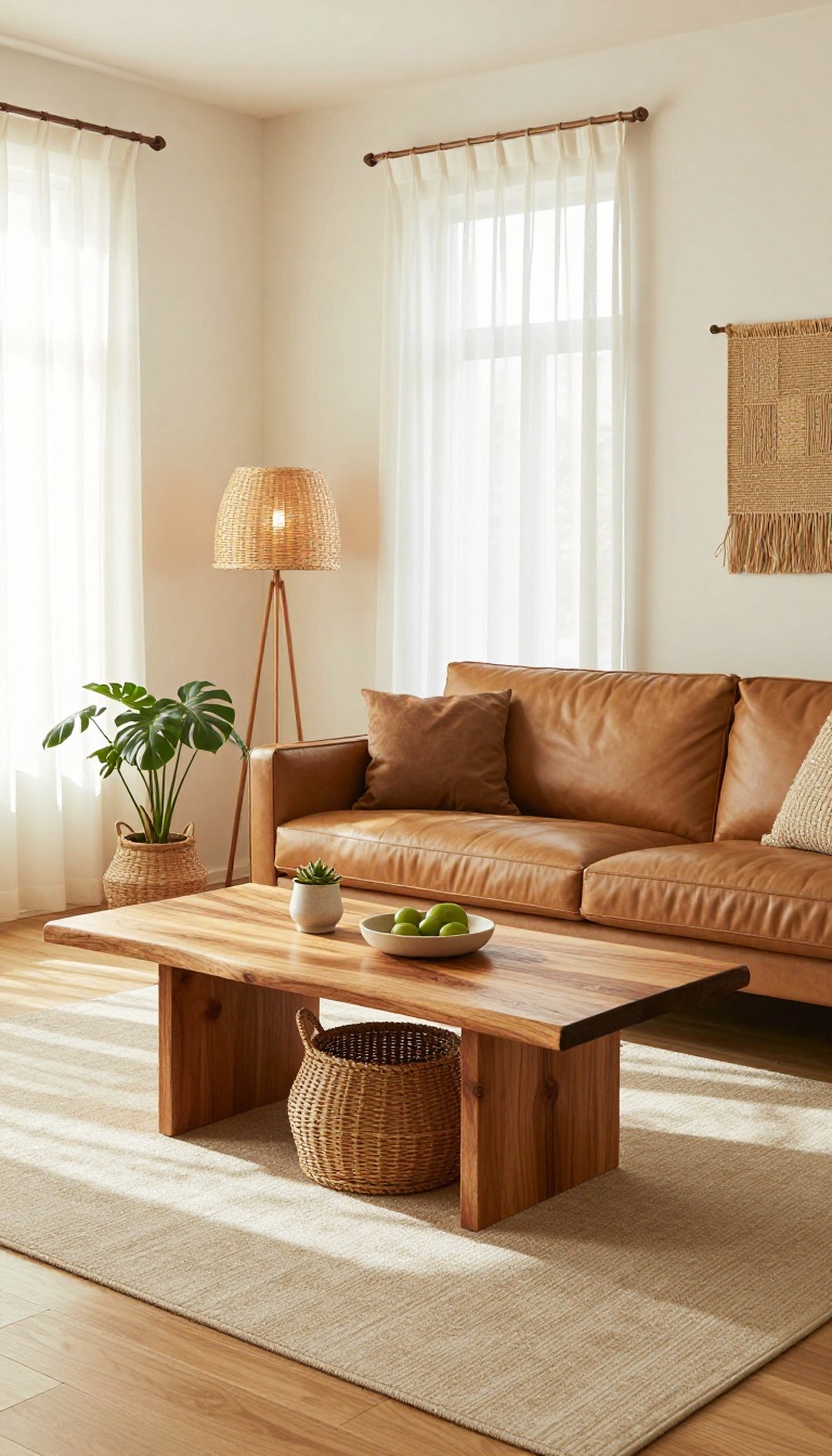 Tan leather couch paired with a live-edge wood coffee table, rattan baskets, and a woven floor lamp in a bright, airy living room