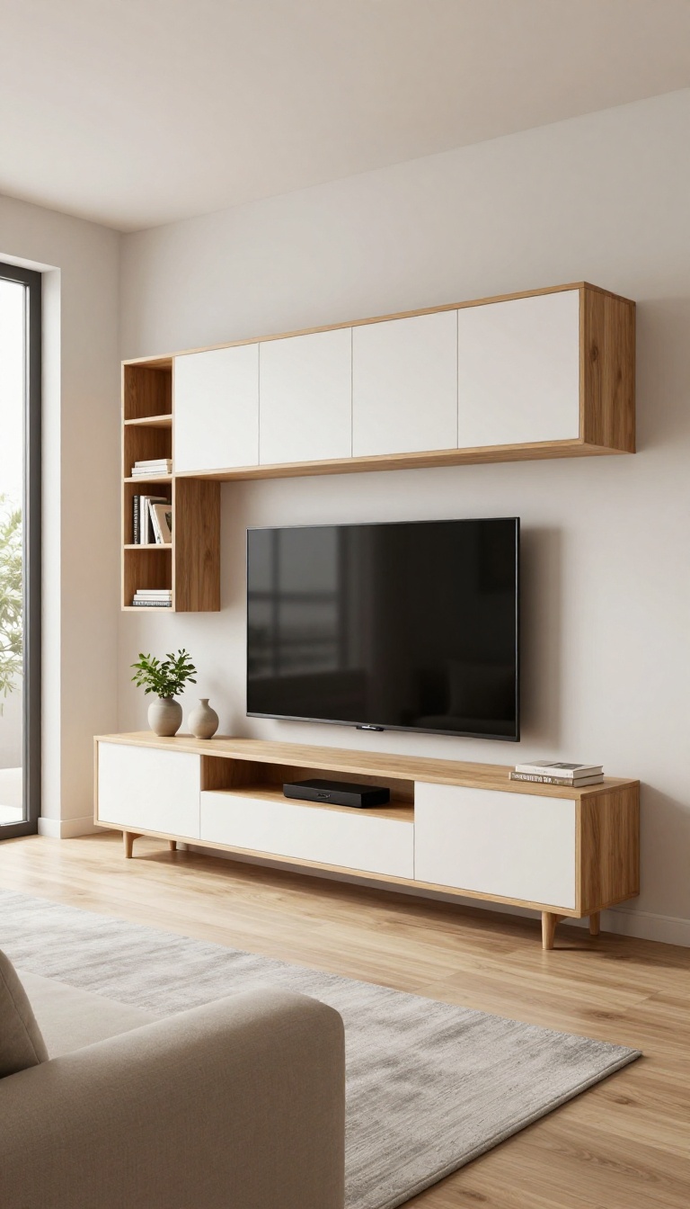 Modern modular TV unit with open shelves and closed cabinets in a bright living room