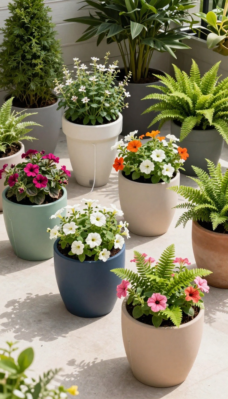 Self-watering planters with vibrant flowers on a sunny patio
