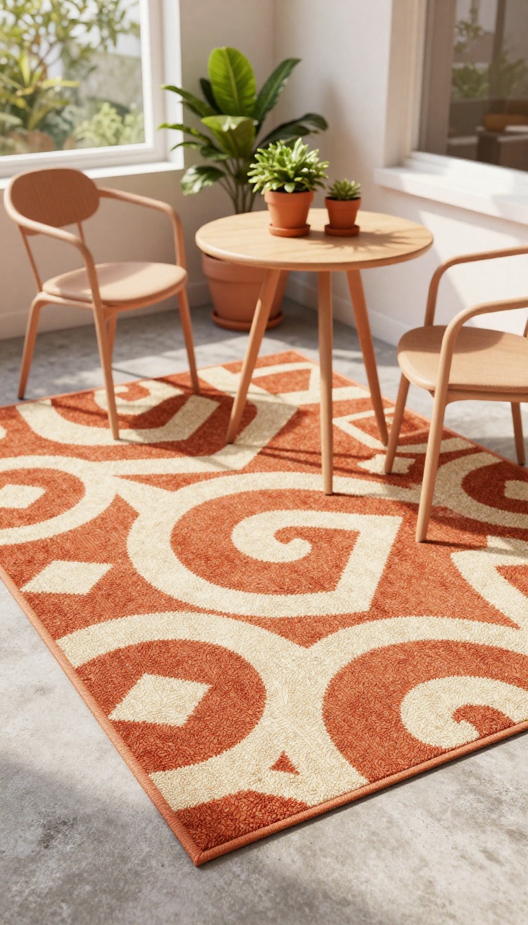 Apartment patio with a stylish outdoor rug, bistro table, chairs, and potted plants