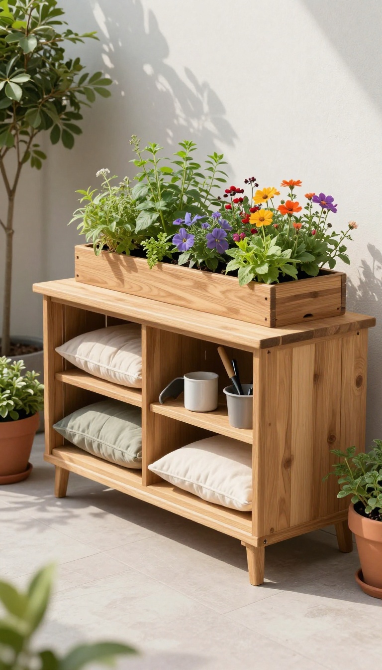 Small patio with a storage bench and a coffee table with built-in planter, demonstrating multi-functional furniture for compact outdoor spaces.
