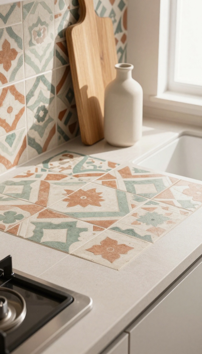 Modern kitchen with patterned cement tile backsplash in geometric design