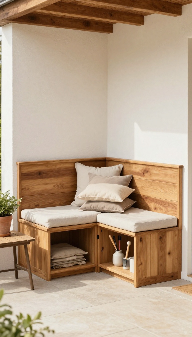 Corner bench with storage on a small patio, providing seating and hidden organization.