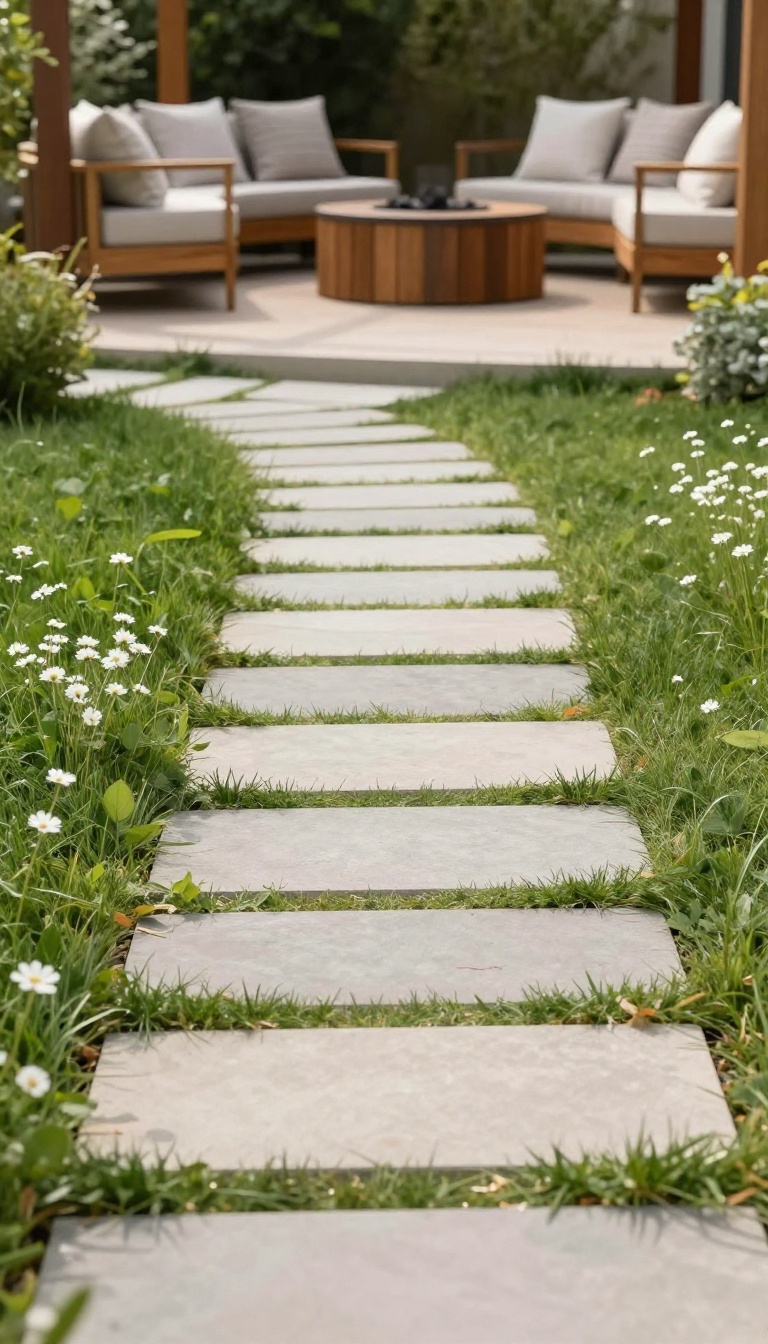 Paver walkway connecting patio to garden