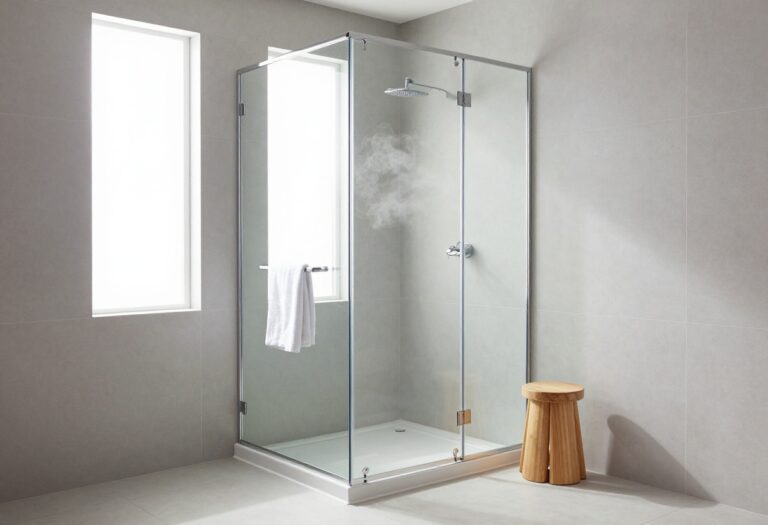 Small shower room with corner glass shower and light tiles