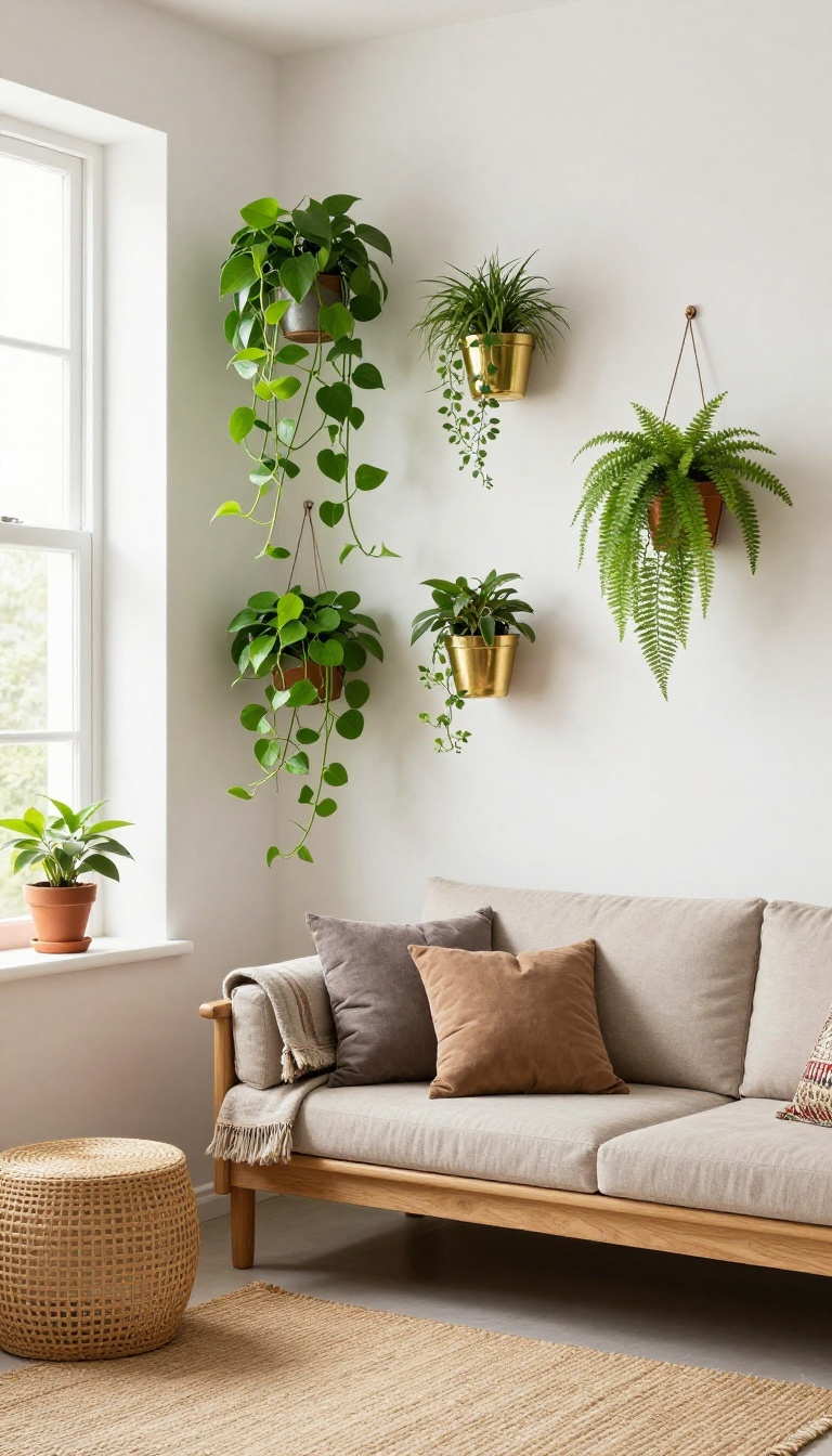Vertical garden with hanging plants in a small Indian living room