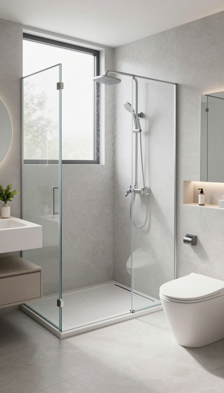 Curbless walk-in shower with a linear drain in a compact modern bathroom