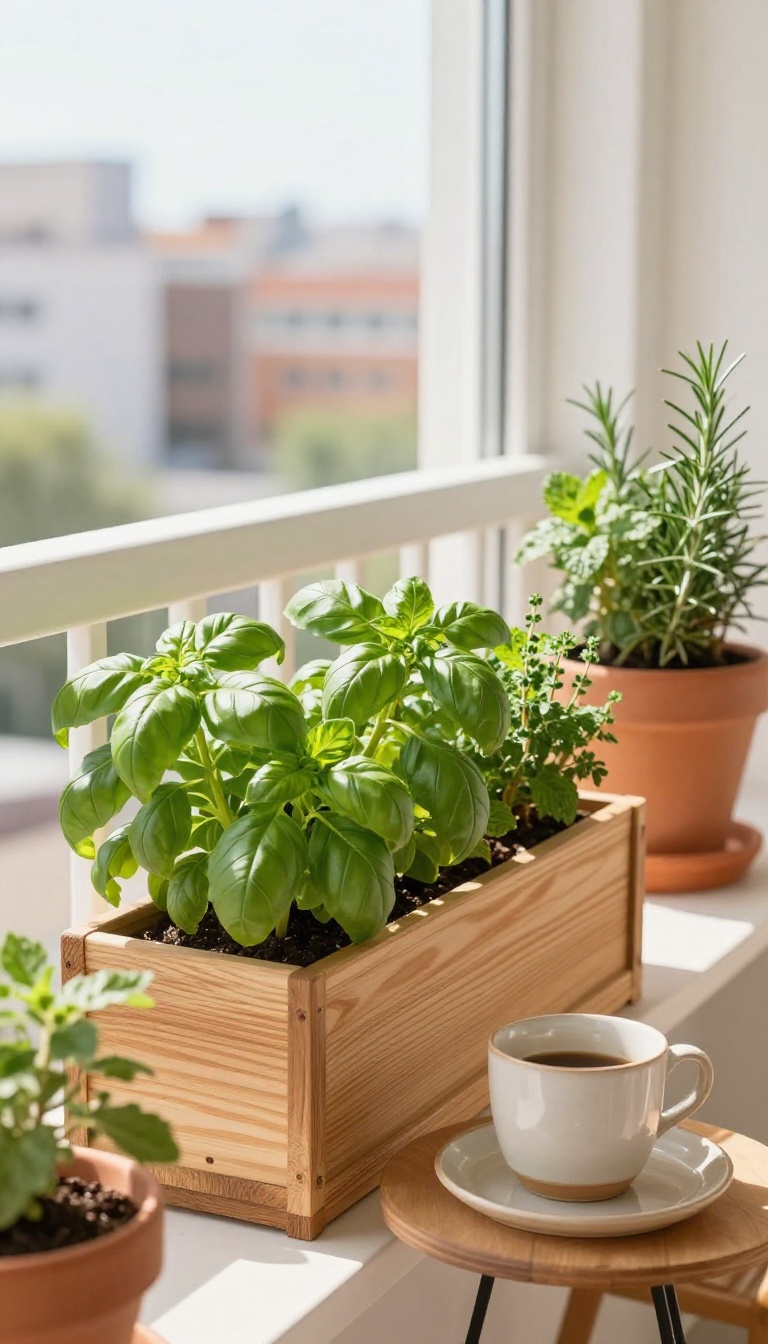 Small patio container herb garden with fresh herbs in terracotta pots and vertical planter