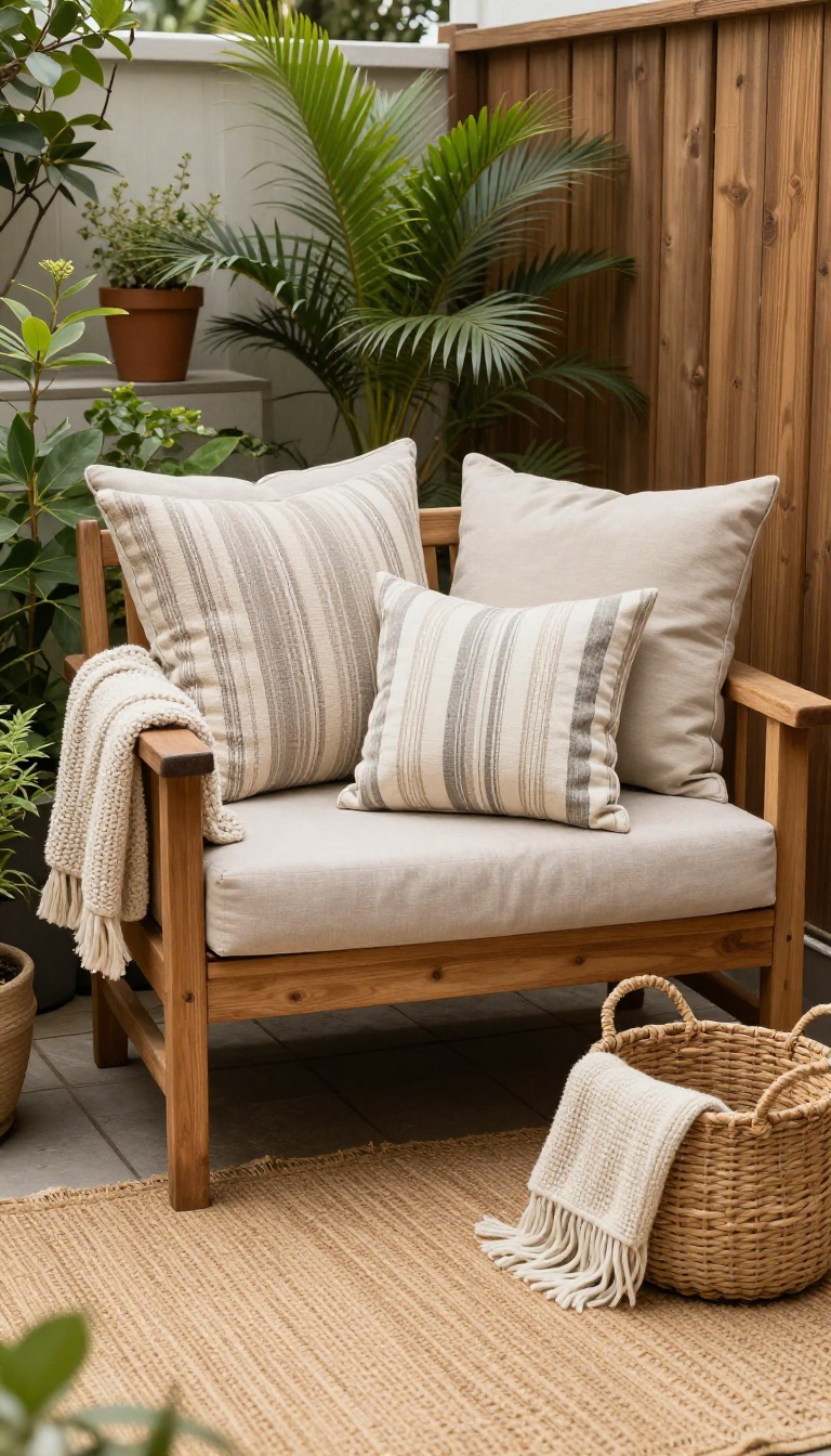 Cozy small patio with plush cushions, accent pillows, a knit throw, and an outdoor rug, styled like an inviting outdoor living room.