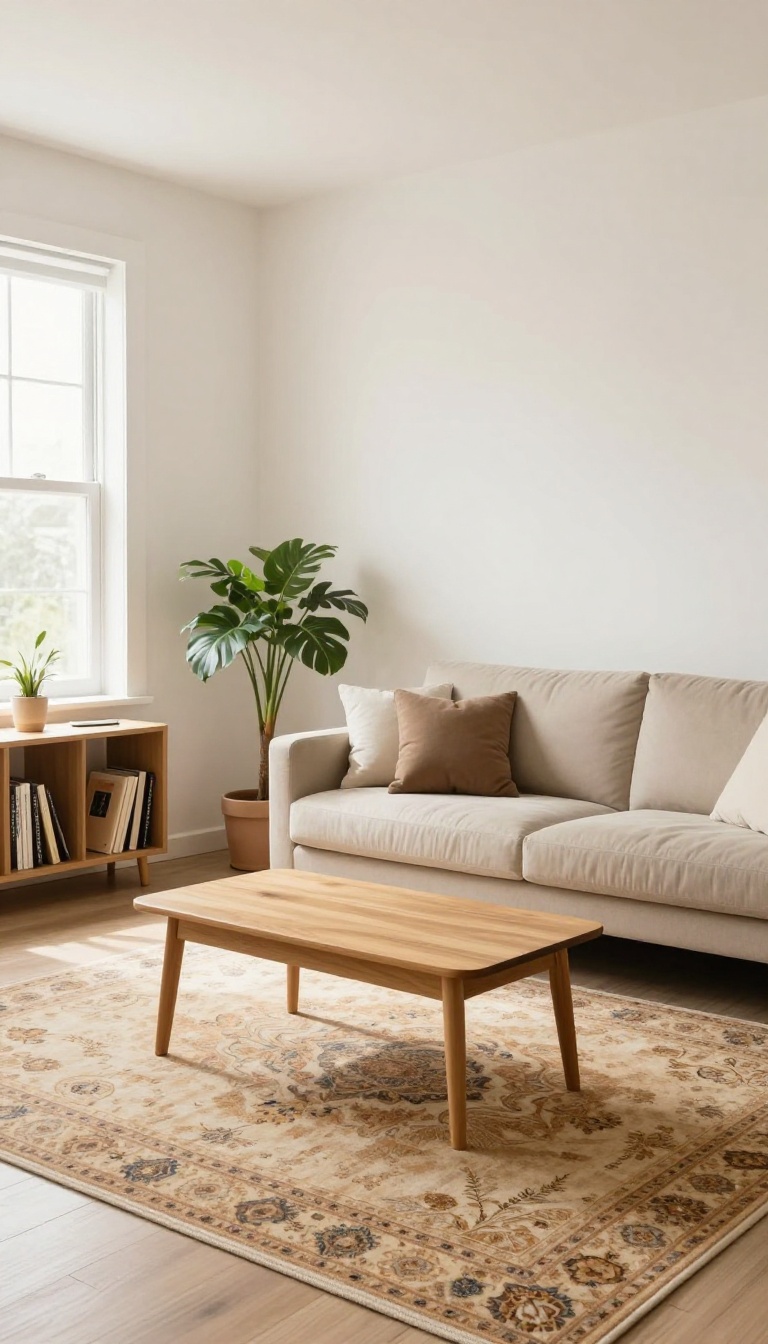 College living room with a large patterned area rug defining the space