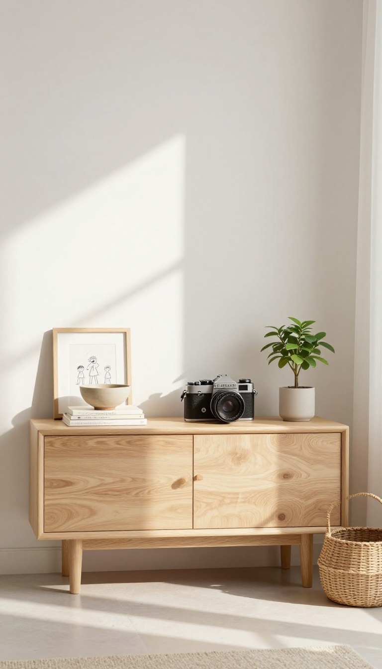 A styled living room console with personal keepsakes like a vintage camera, books, and a child's drawing, arranged in a curated, polished way.