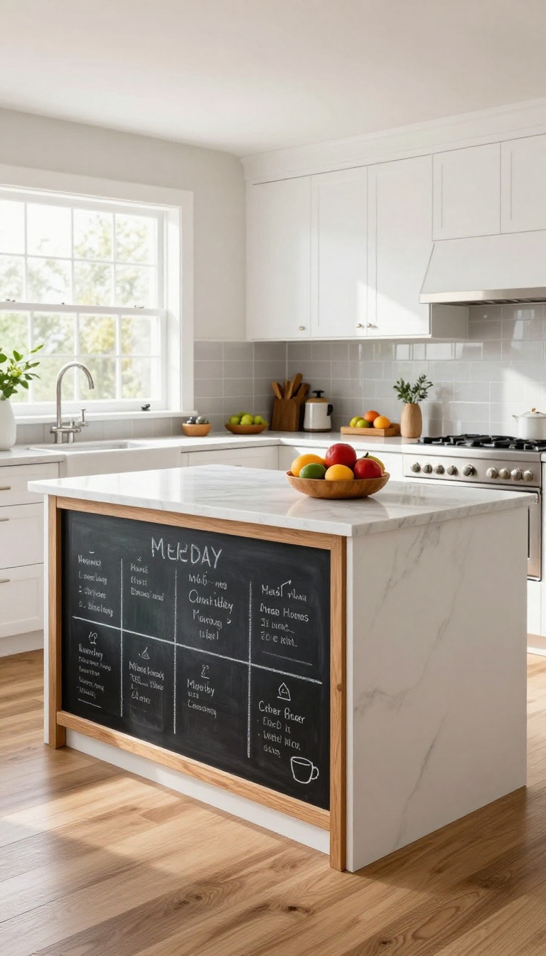 Kitchen island with chalkboard panel for notes and meal planning