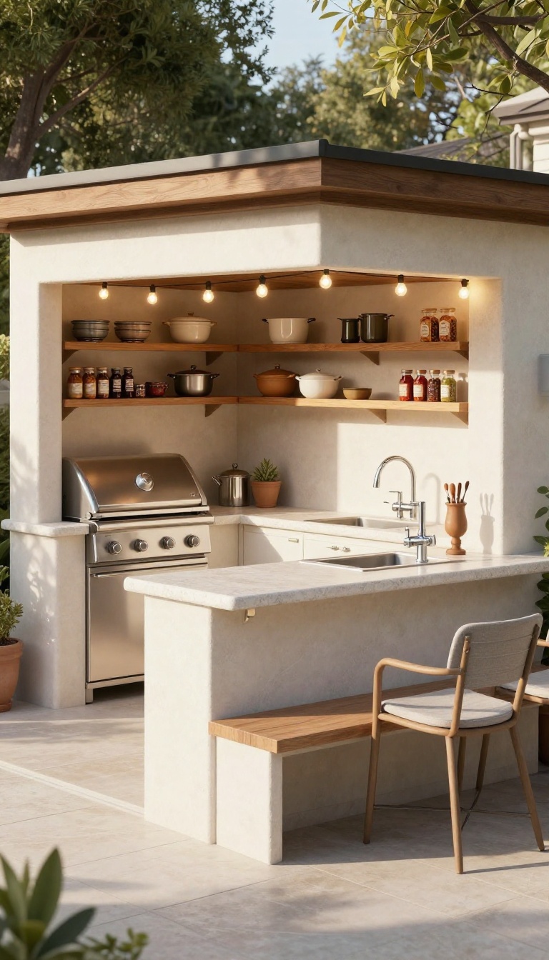 Compact outdoor kitchen nook on a patio with stone countertop, grill, sink, and shelving, lit by string lights
