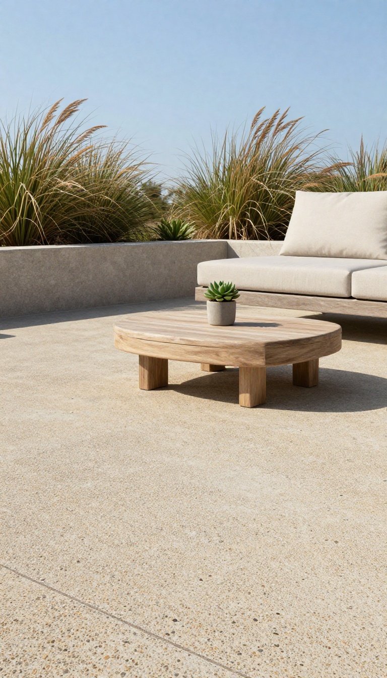 Modern patio with exposed aggregate concrete surface, pebbled texture, and minimalist outdoor furniture, surrounded by landscaping.
