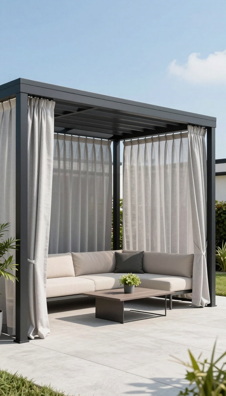 Modern minimalist pergola with clean lines, black aluminum frame, and soft gray curtains on a contemporary patio.