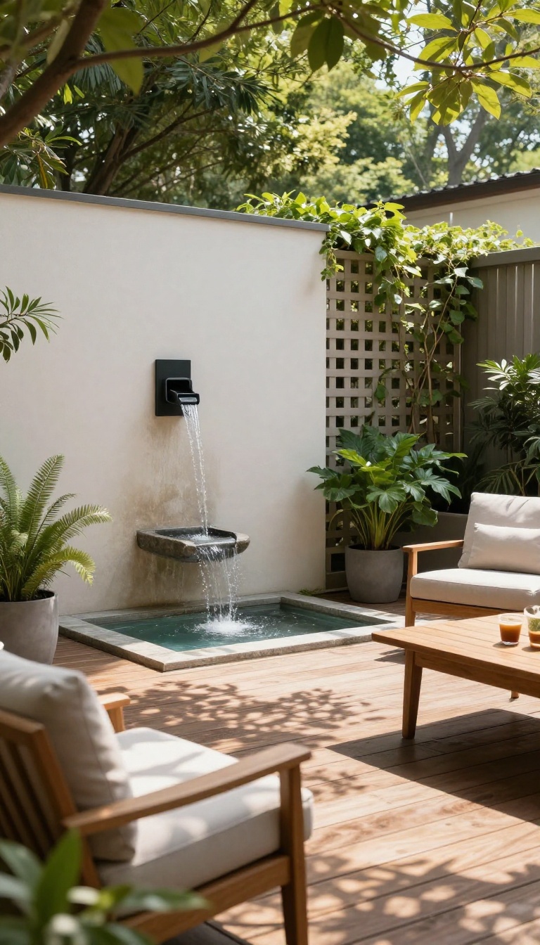 Deck with water feature and patio lounge area in bright natural light