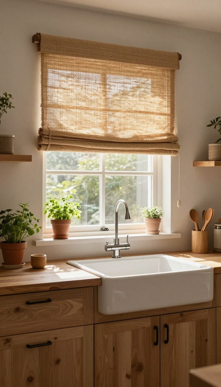 Woven wood shades above a kitchen sink, filtering sunlight, with wooden countertops and potted herbs.