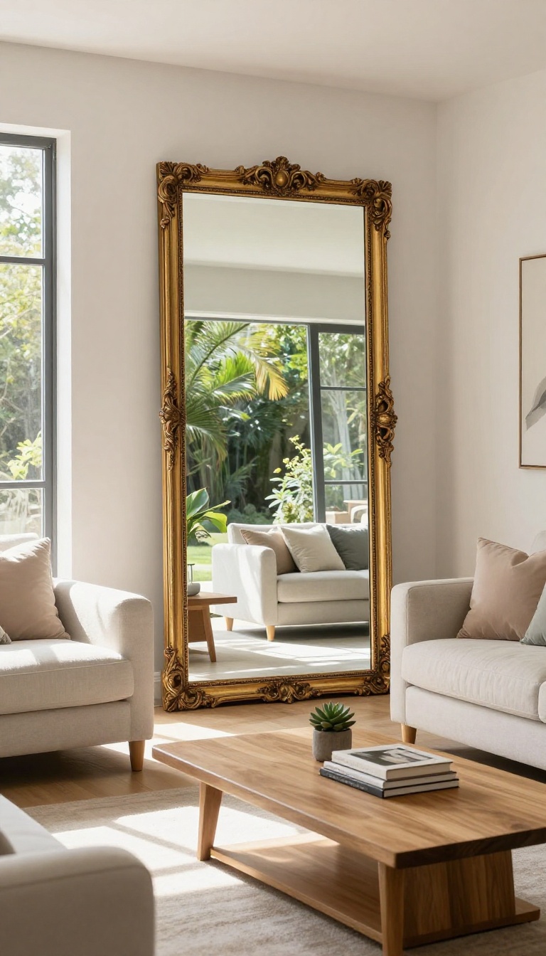A large mirror leaning against a wall in a bright living room, reflecting light and making the space feel bigger.
