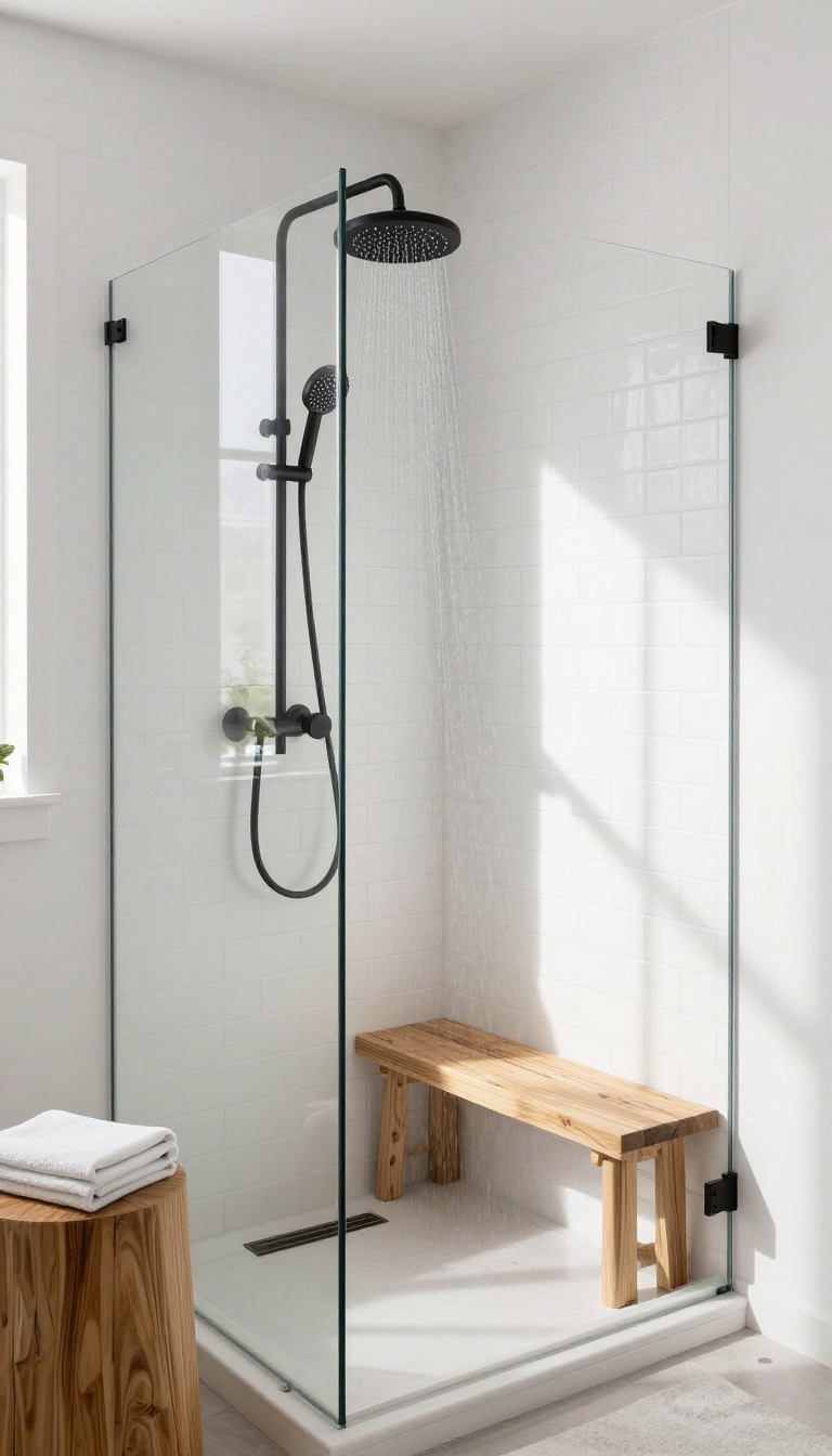 Modern farmhouse shower with matte black fixtures, white subway tile, and teak wood bench
