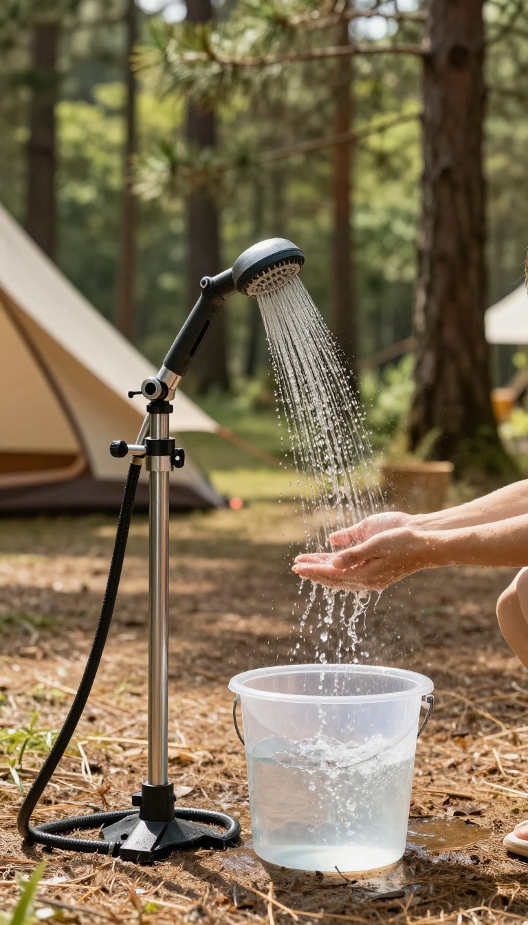 Camp shower with a foot pump in use at a campsite