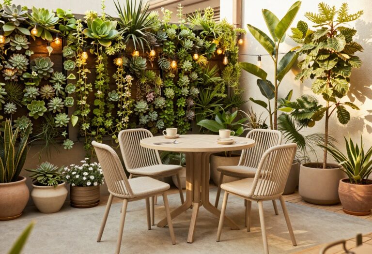 Cozy mini patio with bistro set, vertical garden, and string lights