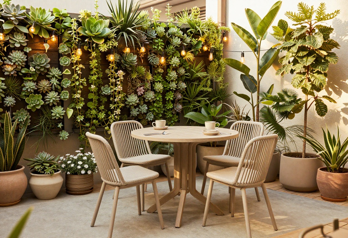 Cozy mini patio with bistro set, vertical garden, and string lights