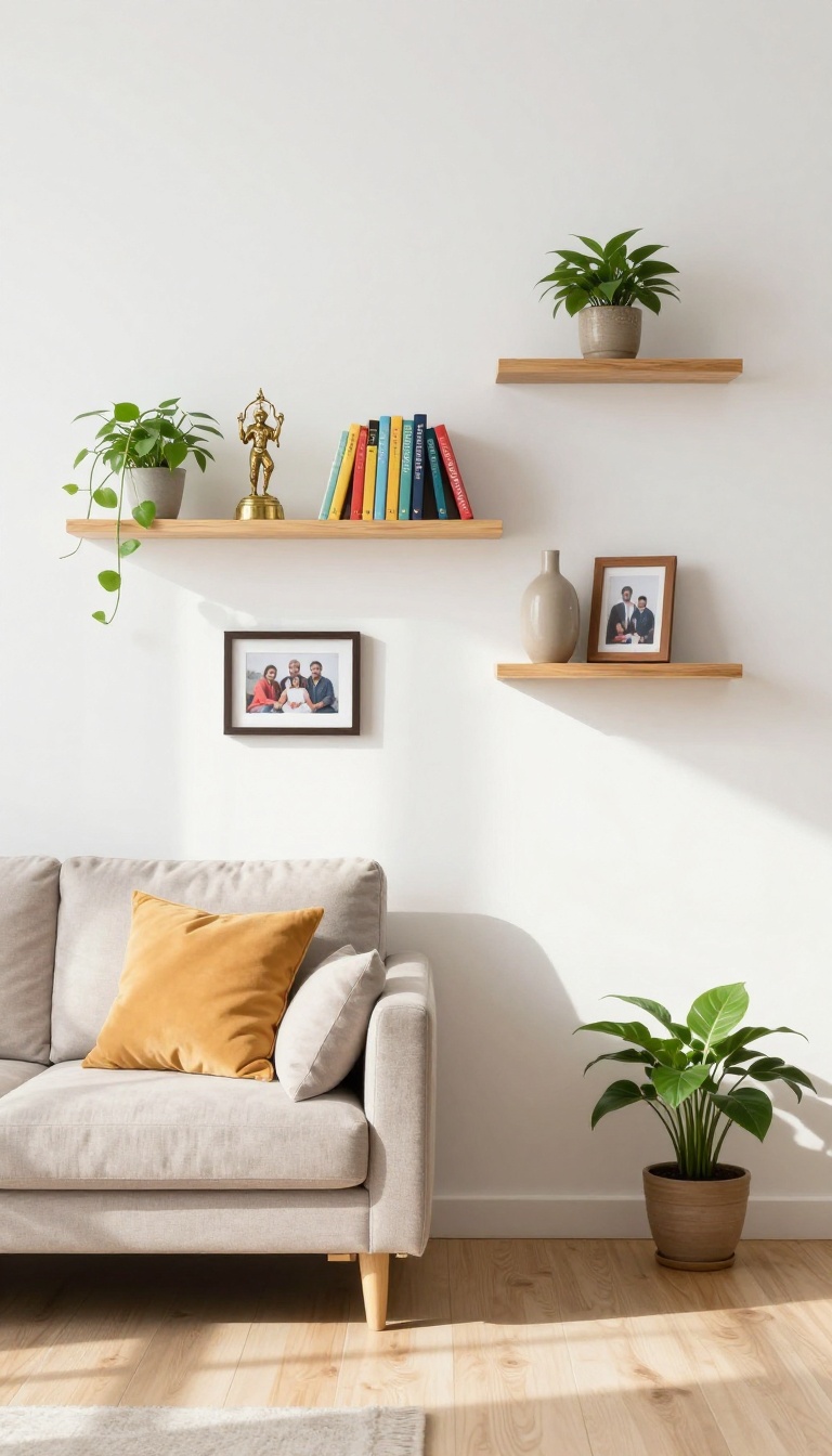 Wall-mounted shelves in a small Indian living room displaying decor items
