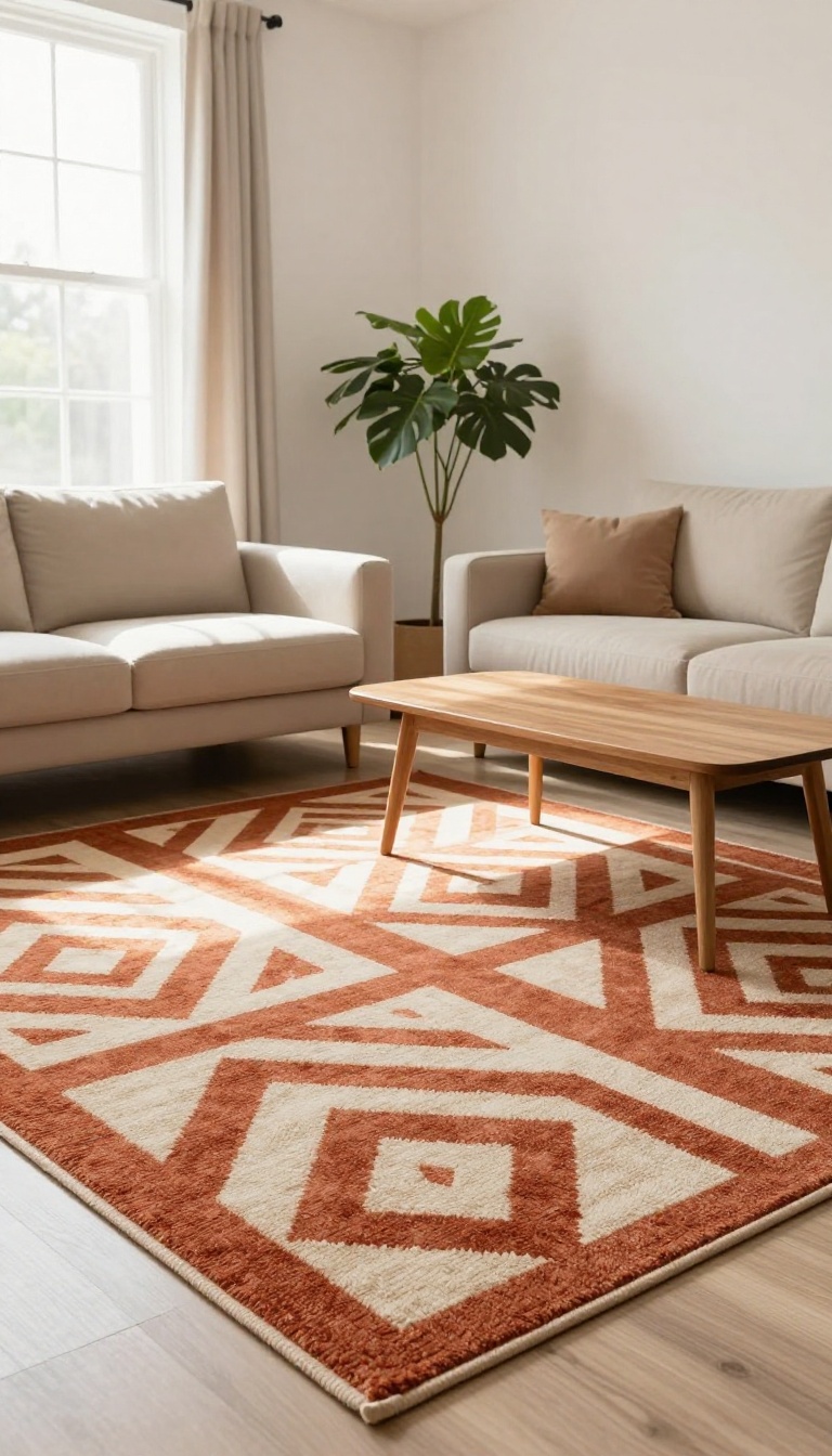 A living room with a large statement geometric rug anchoring the seating area under a sofa and coffee table.
